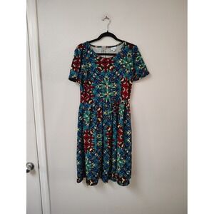 LuLaRoe Amelia Dress Womens Large Blue Red Kaleidoscope Geometric Zipper Pockets